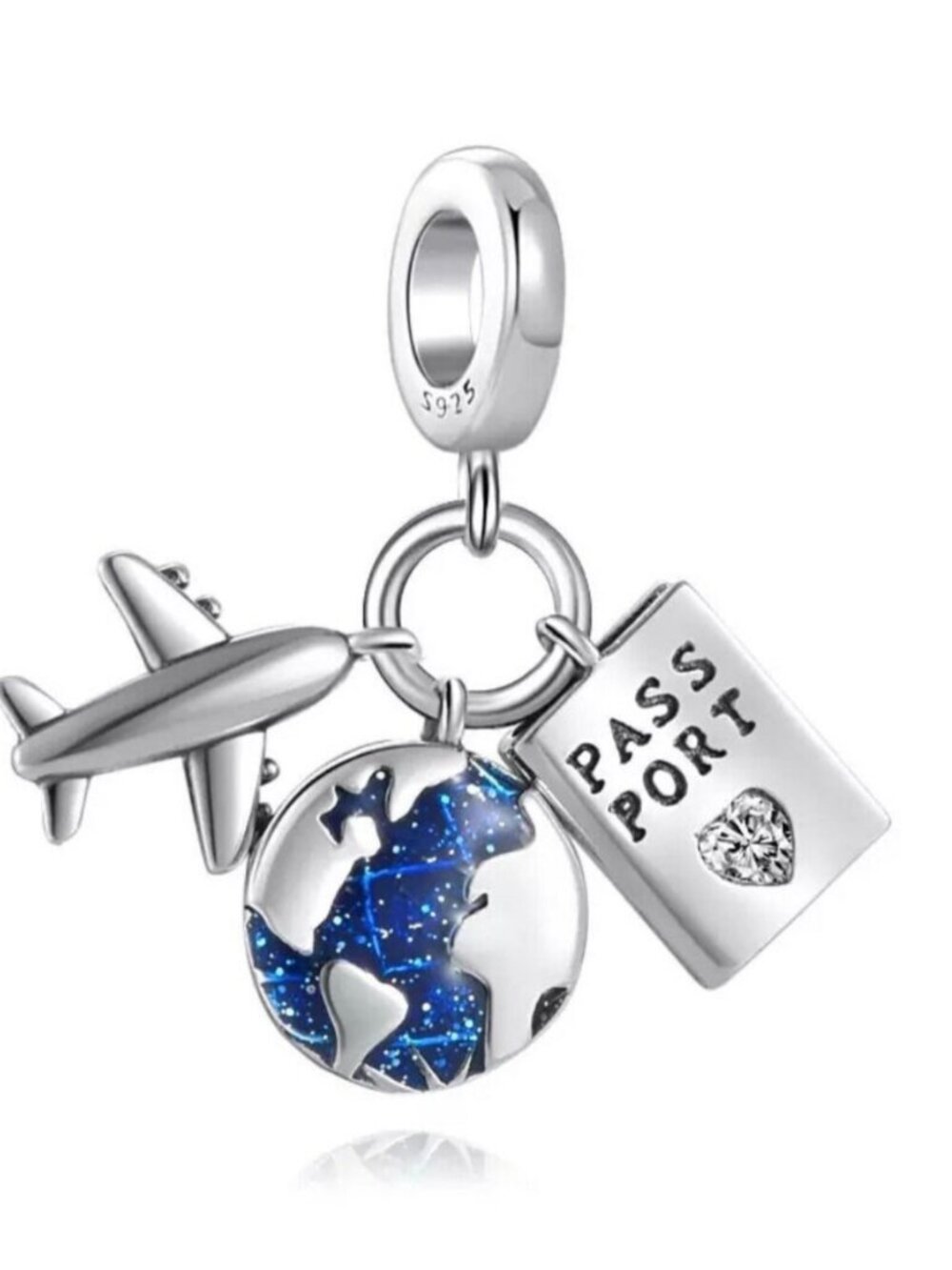 Travel Passport Globe and Airplane S925 Charm For Pandora Bracelet Necklace